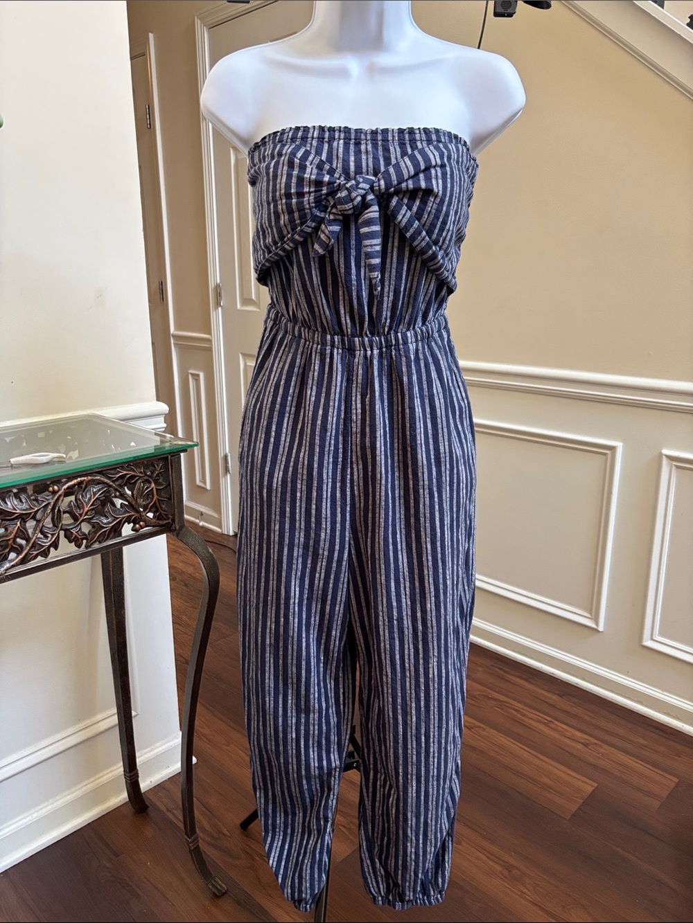 aerie Navy and White Striped Strapless Jumpsuit with Front Tie size Medium